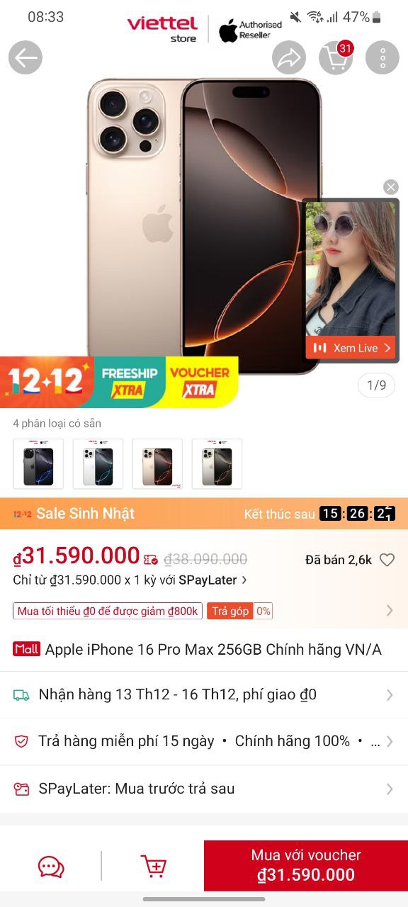 16 Pro max trên shopee khuyến mãi chỉ còn 31tr590.