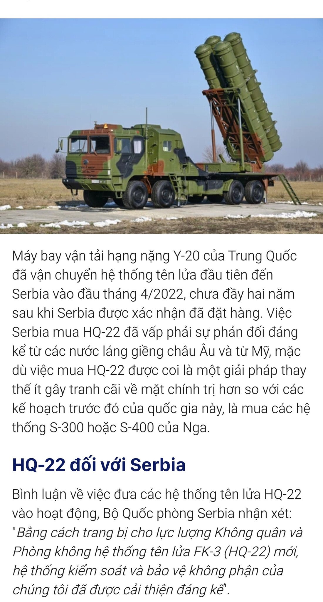 Serbia mua hệ thống phòng không HQ-22 của TQ, được ship bằng Y-20. Quá dữ